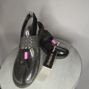 Vionic Serene Tia Black Slingback Sandals Orthotic Pink Accent